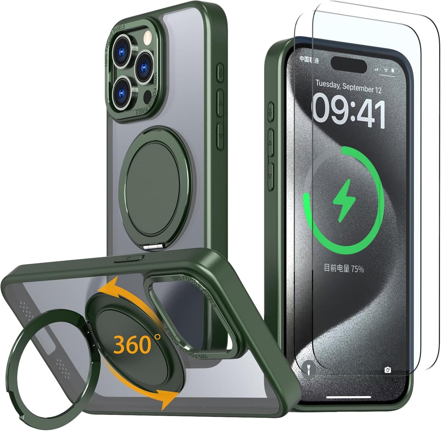 Magnetic Stand Case for iPhone 15 Pro Max [with 2 Tempered Glass Film] [360° Rotation Magnetic Stand] [Compatible with Magsafe] Military-Grade Drop Protection Case, Green