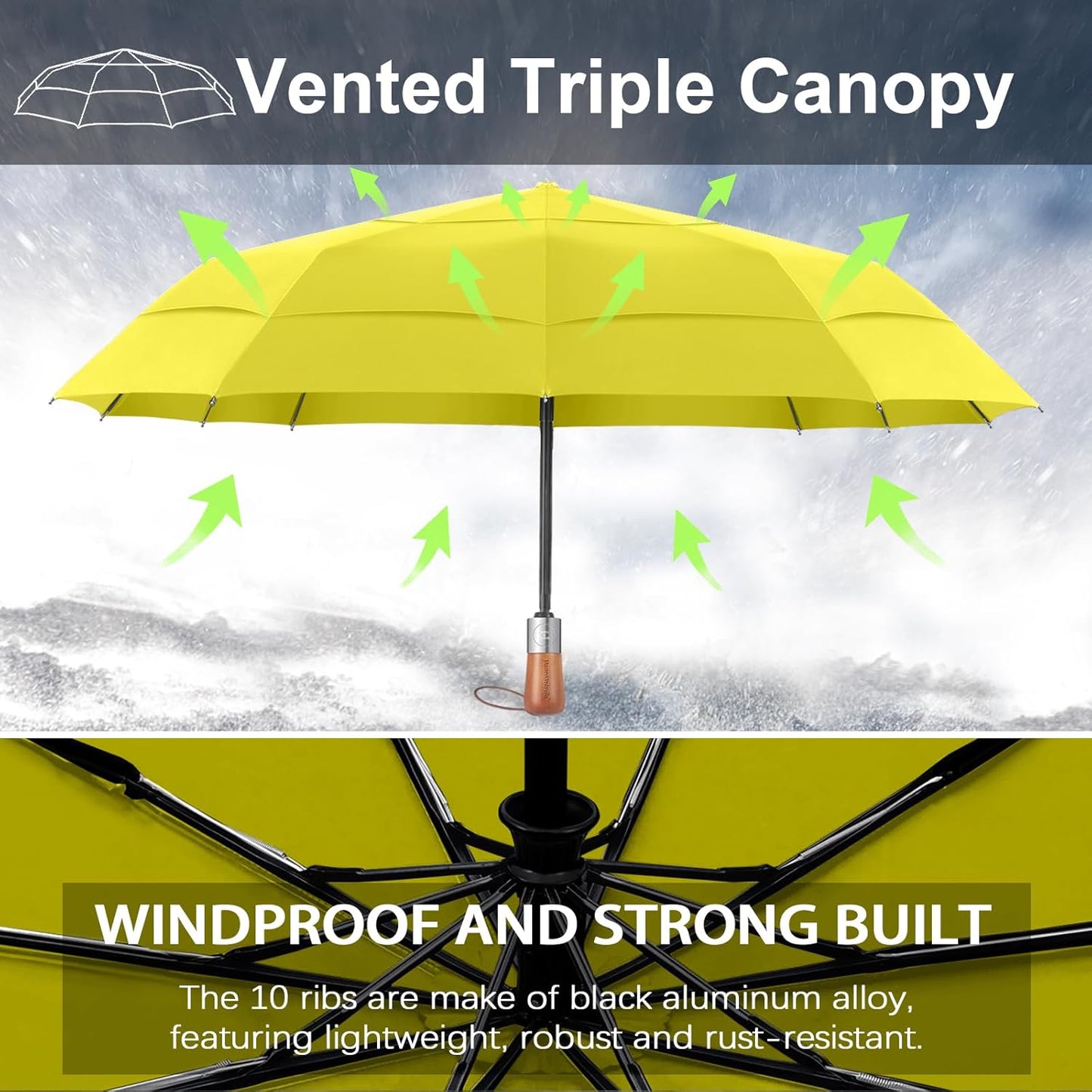 Umbrellas for Rain, Heavy-Duty Windproof Travel Umbrella — Auto Open/Close, Vented Triple-Layer Canopy, 10 Fiberglass Ribs, Folding Design, Large Coverage, Wooden Handle