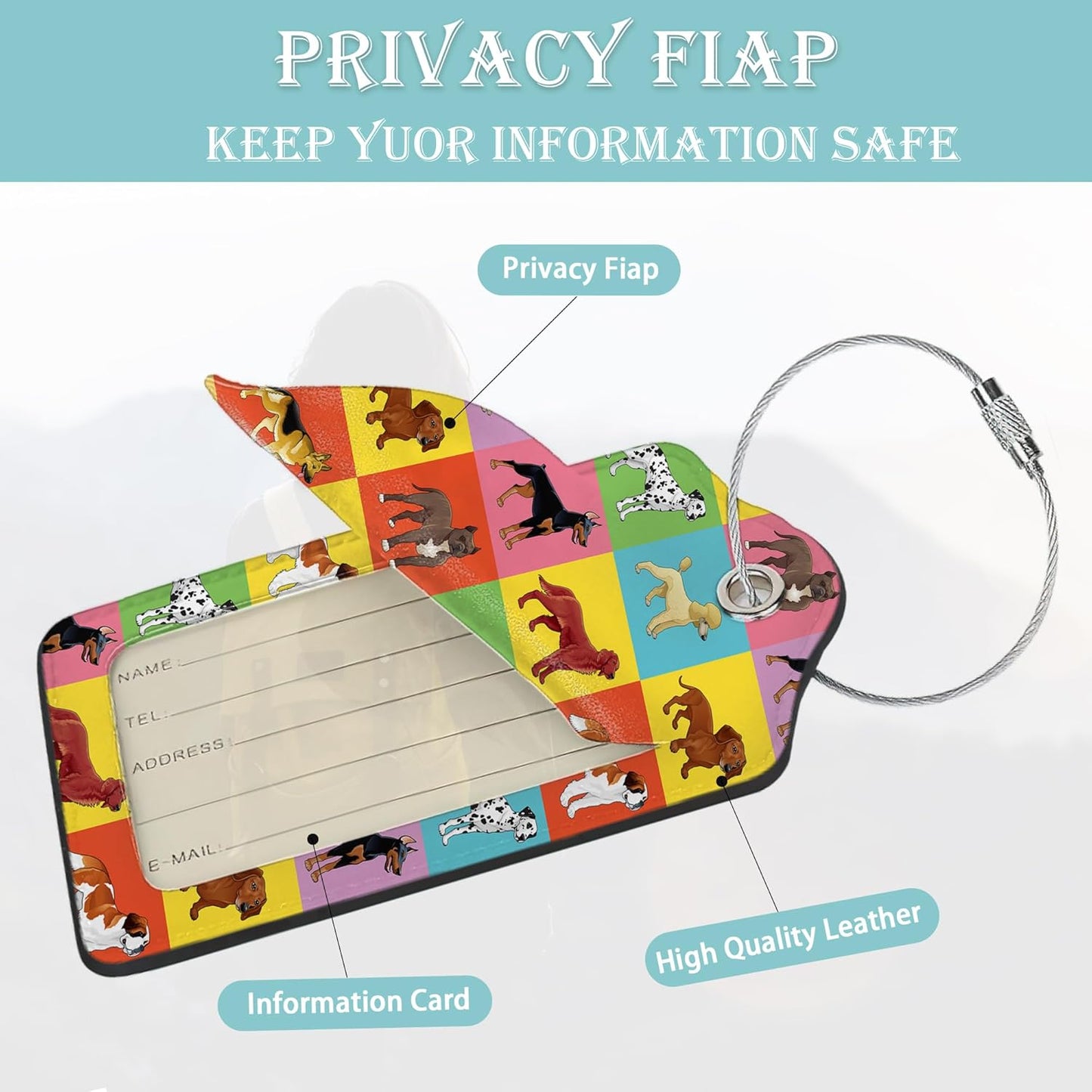 Luggage Tags for Suitcase,2 Pack Cute Dogs Luggage Tag Colorful Cartoon Leather Privacy Cover ID Label with Stainless Steel Loop for Women Men Kids Girls Travel