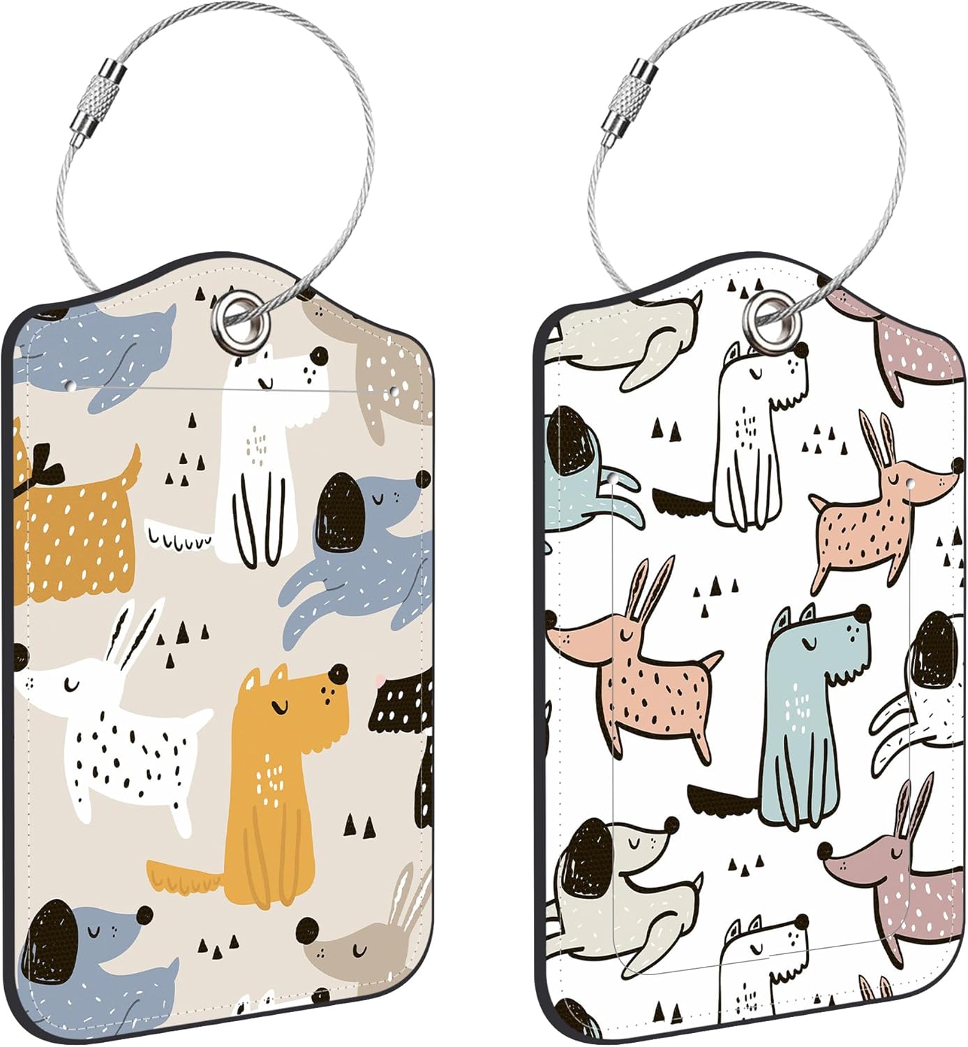 Cute Doodle Dogs Luggage Tags for Suitcases Leather Travel Tags for Luggage ID Label with Privacy Cover and Stainless Steel Loop for Men Women Suitcase Backpack, Set of 2