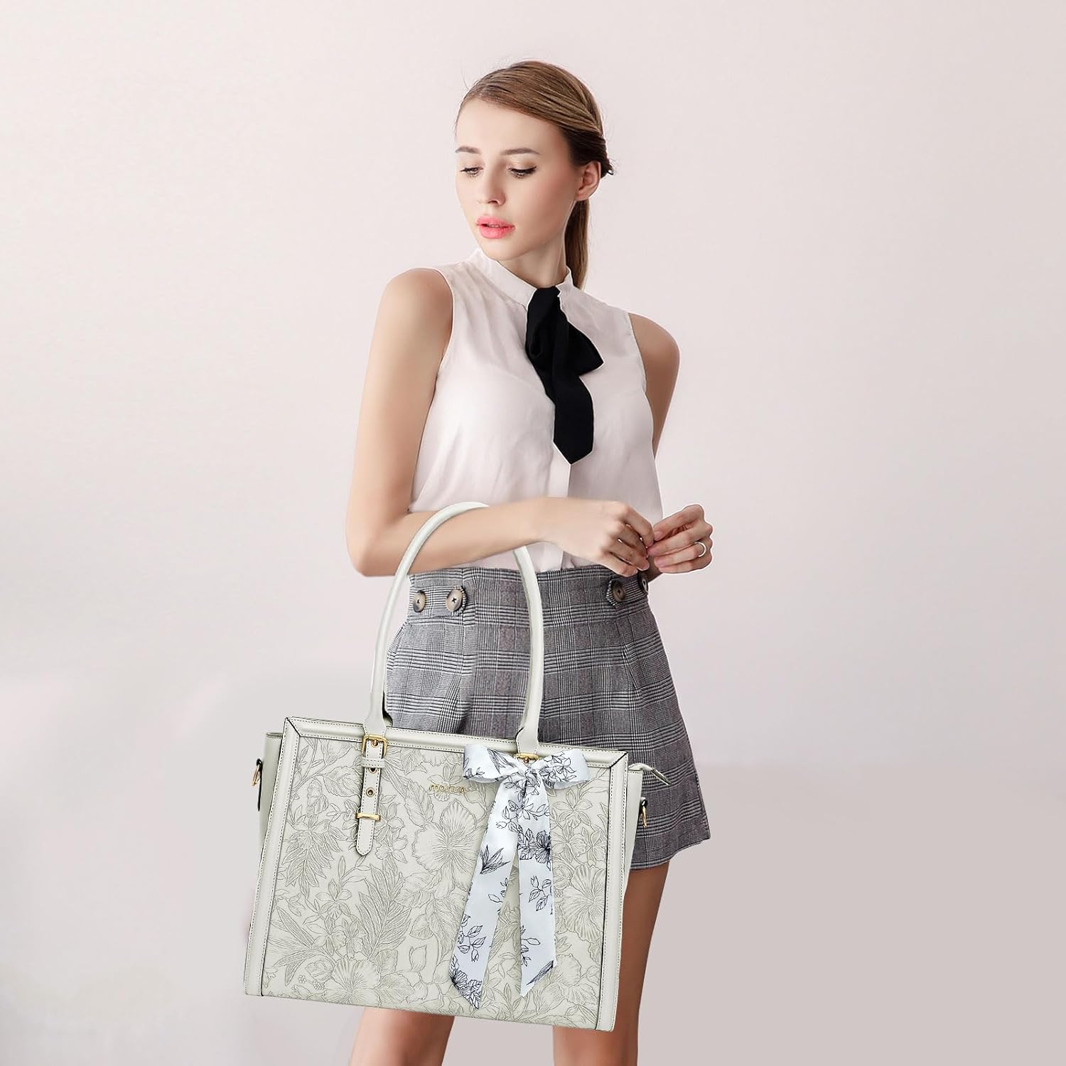 MOSISO Laptop Bag for Women, PU Leather Tote Bag, Front Embossed Retro Hibiscus Computer Bags with