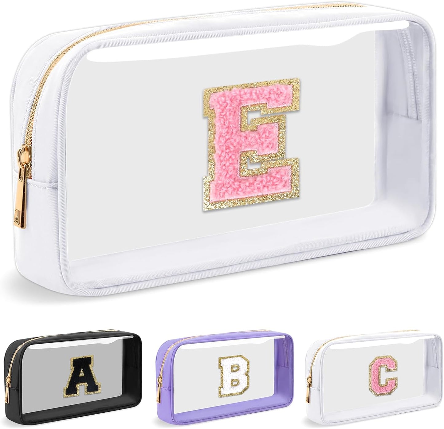 Personalized Initial Letter Clear Makeup Bag,Preppy Small Nylon&PVC Cosmetic Zipper Bag with Chenille Letter,Travel Skincare Toiletry Bag,Monogram Christmas Gift for Teen Girls Women,E