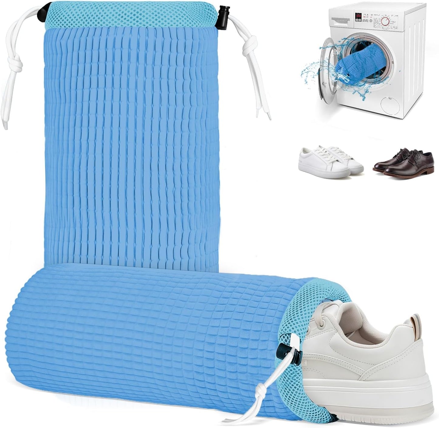 2Pcs Shoe Washing Machine Bag, Reusable Shoe Laundry Bag, Sneaker Washing Machine Bags, Shoe Cleaning Wash Bag with 360° Cleaning Fibers & Adjustable Drawstring, Fits Most Shoes Washer (Blue)