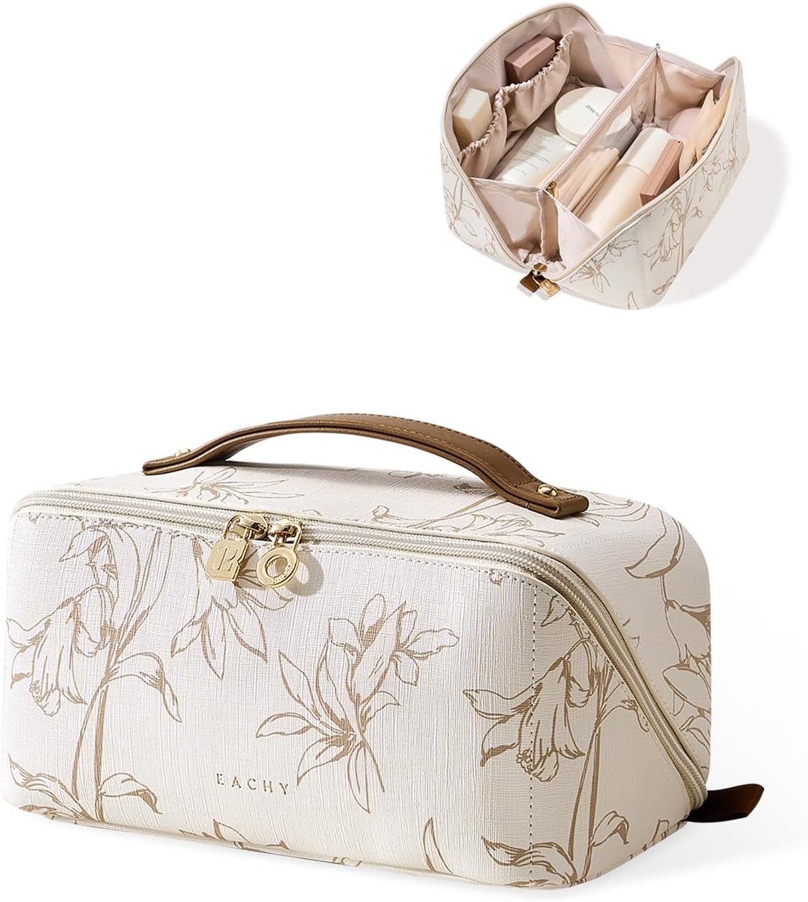EACHY Travel Makeup Bag, Large Capacity Cosmetic Bags for Women, Waterproof Portable Pouch Open Flat Toiletry Bag Pattern Make up Bag (F-Beige)