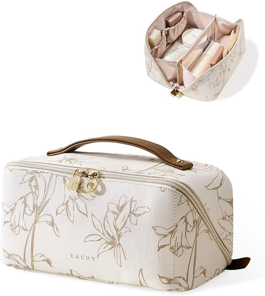 EACHY Travel Makeup Bag, Large Capacity Cosmetic Bags for Women, Waterproof Portable Pouch Open Flat Toiletry Bag Pattern Make up Bag (F-Beige)