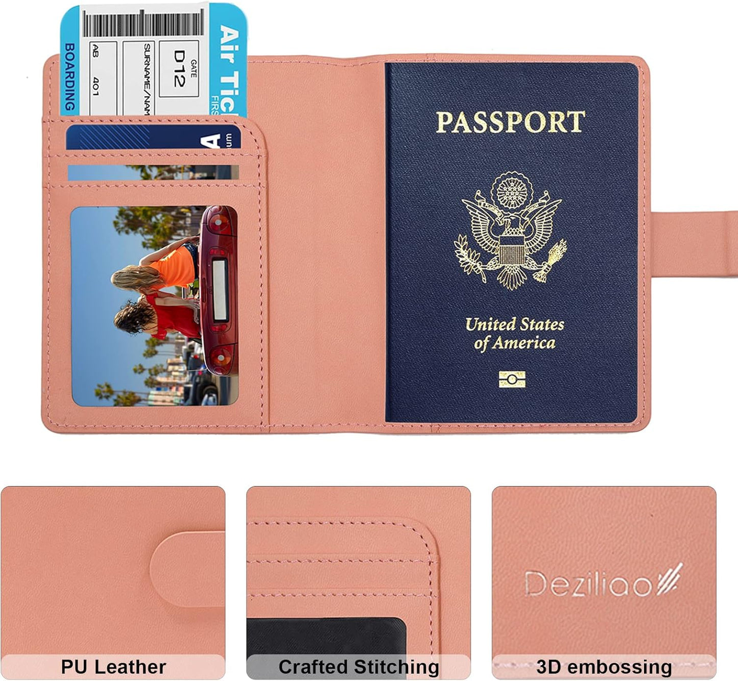 Deziliao Faux Leather Passport and Vaccine Card Holder, Pink, Waterproof, Rfid Blocking, Slim, Unisex