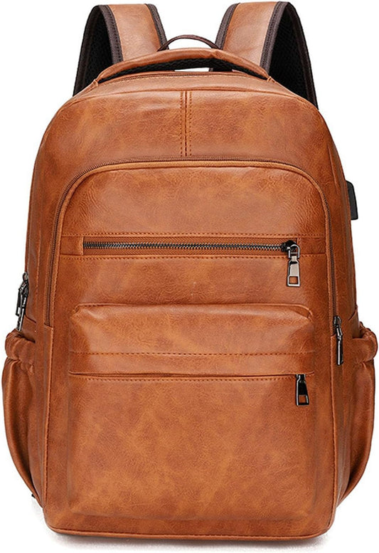 Vintage Leather Waterproof Backpack for Men 16" Laptop Bag Casual Daypack Business Travel Rucksack (Khaki)