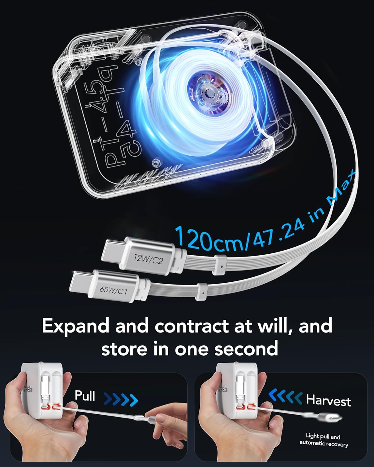 65W for MacBook Pro Charger,5-in-1 Retractable Wall Charger Plug for iPhone 17, Dual 3.94 ft PD USB C Cable&3 Ports, Fast Charging Block for Mac Book Pro/Air, M1 M2 M3 M4, iPad Pro,Galaxy,Pixel