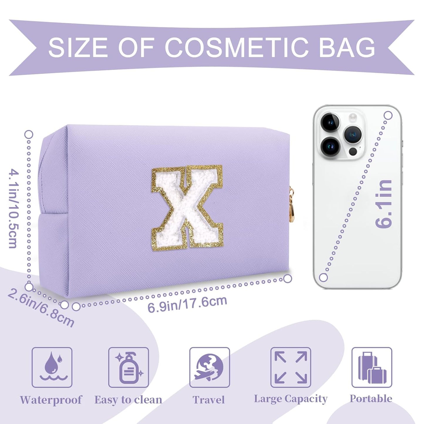 Personalized Makeup Bag Initial A-Z Preppy Patch Bag,Small PU Leather Travel Cosmetic Bag Pouch with Zipper,Purple Cute Toiletry Bag,Gift Ideal for Teen Girls Women Birthday Friend Mom,Latter X
