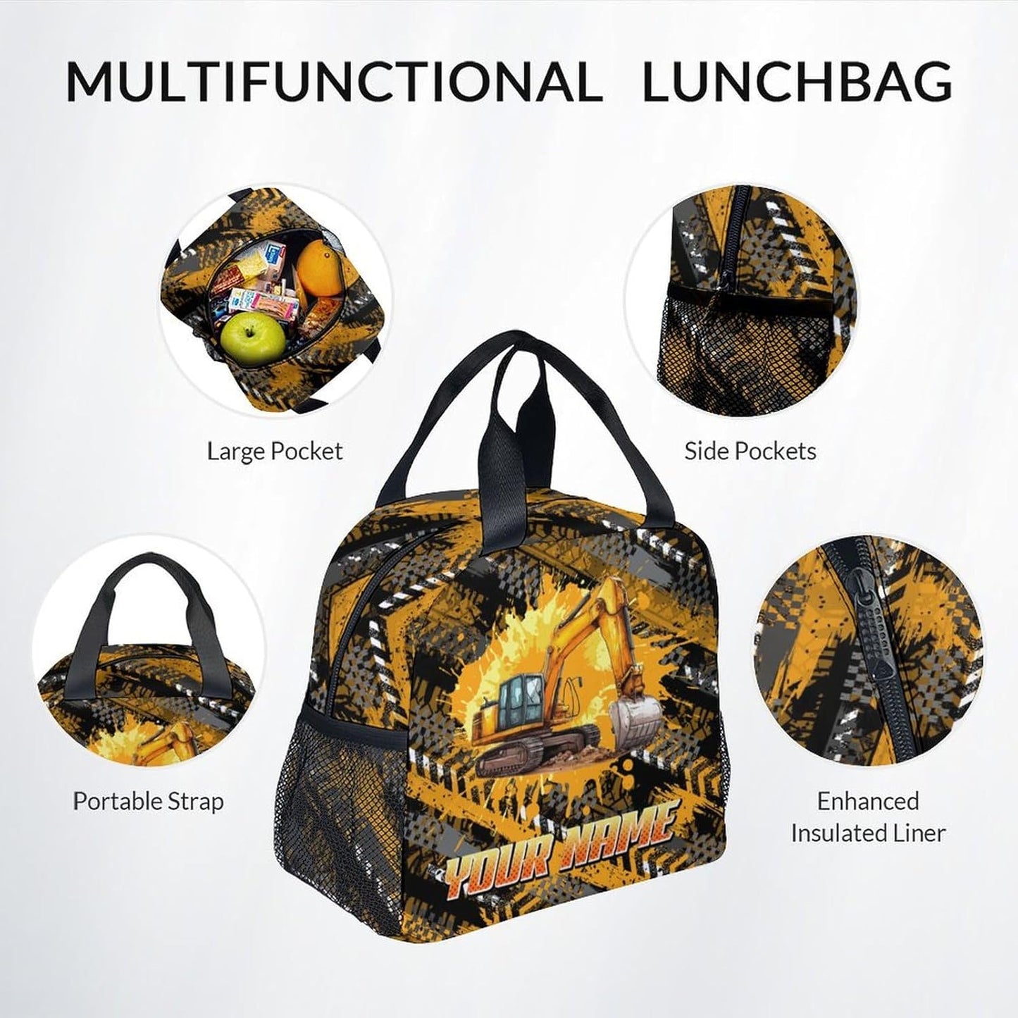 Mercuryelf Kids Backpack with Lunch Box - 17 Inch Custom Excavator Backpack Set for School, Travel - 3 in 1 Cool Bookbag for Boys