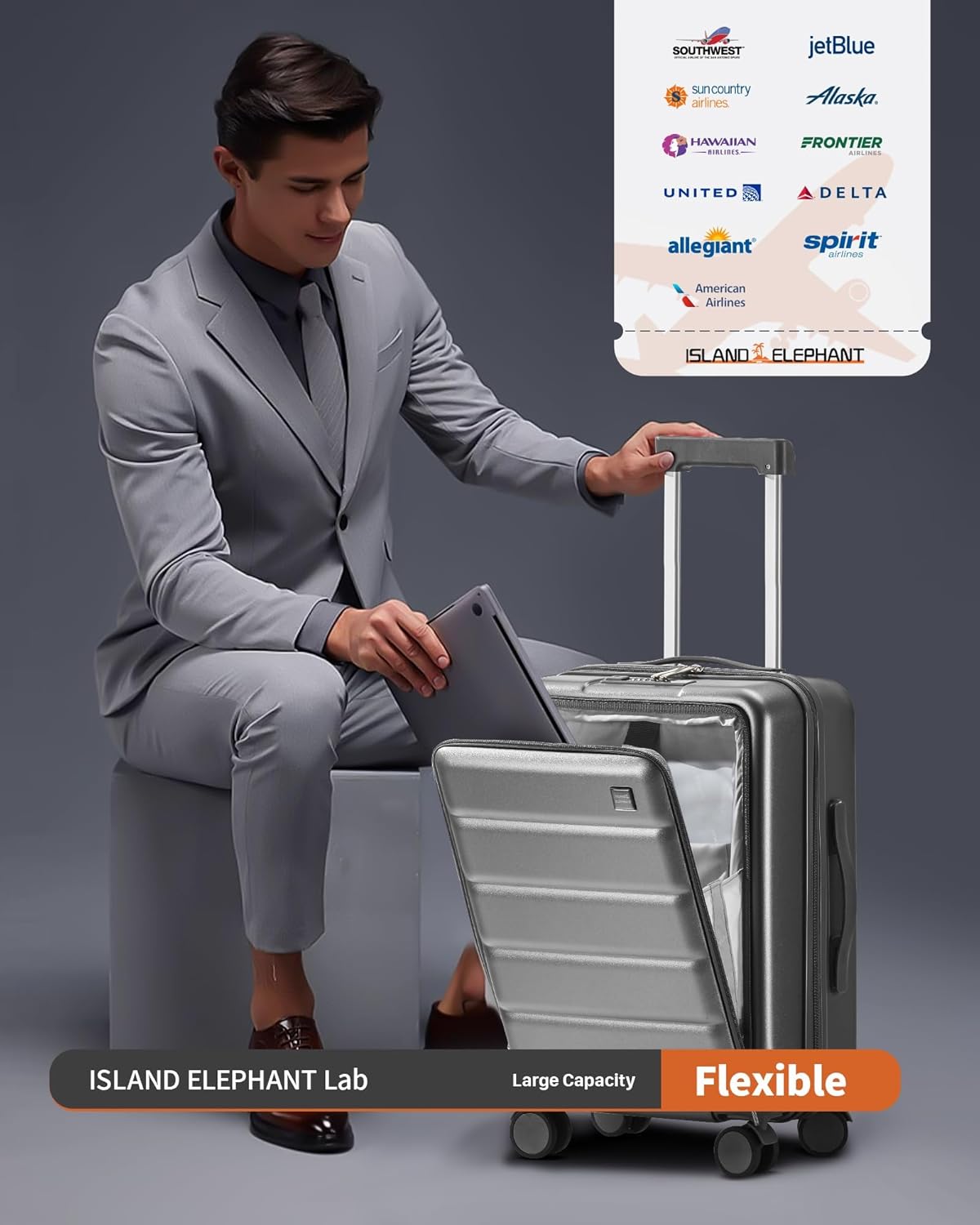 20 IN Carry On Luggage 22x14x9 Airline Approved - Front Pocket Hardside Travel Suitcase Unbreakable -with Cup Holder,Charging Port,Side Pothook, 360°Spinner Wheels, TSA Lock-Grey