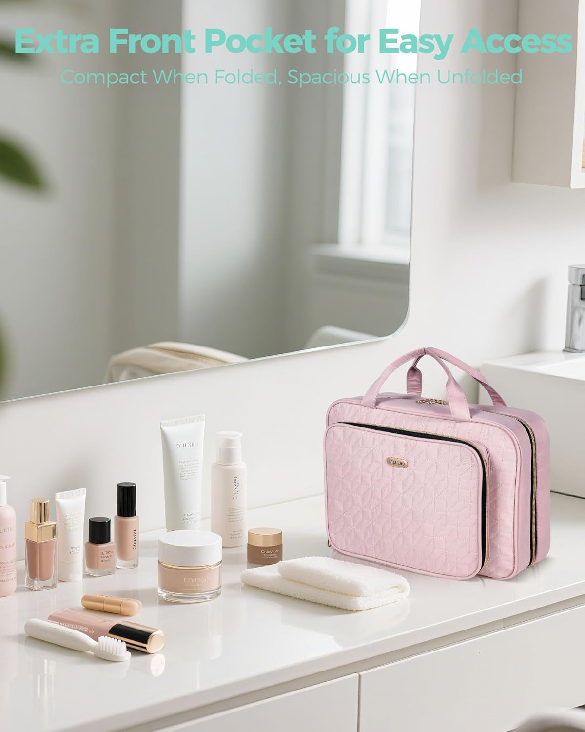 Travel Hanging Toiletry Bag for Women, Water-Resistant Cosmetic Organizer with 4 Compartments & 360° Swivel Hook, TSA-Approved Makeup Bag for Shampoo, Full Sized Container, Toiletries (Pink)