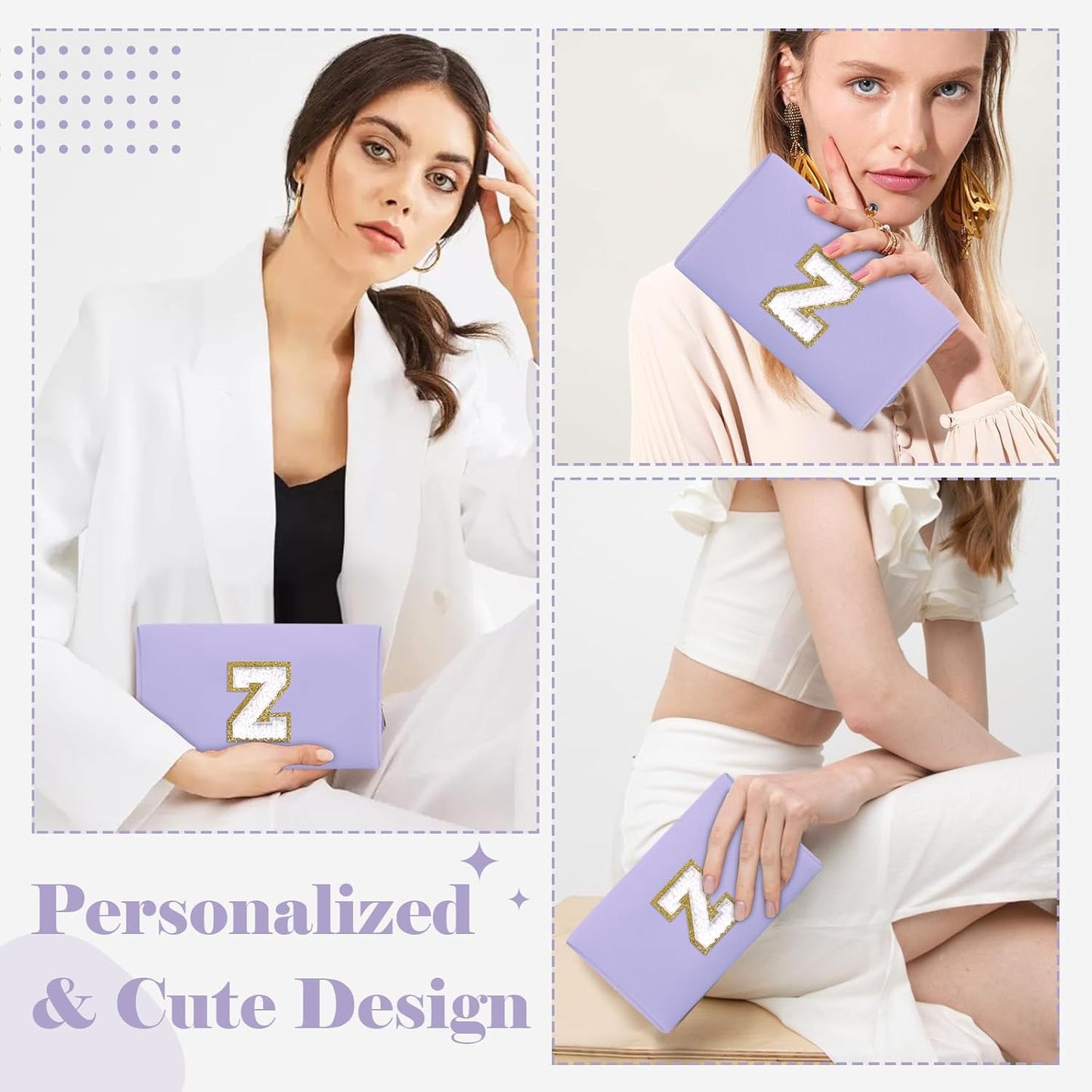Personalized Makeup Bag Initial A-Z Preppy Patch Bag,Small PU Leather Travel Cosmetic Bag Pouch