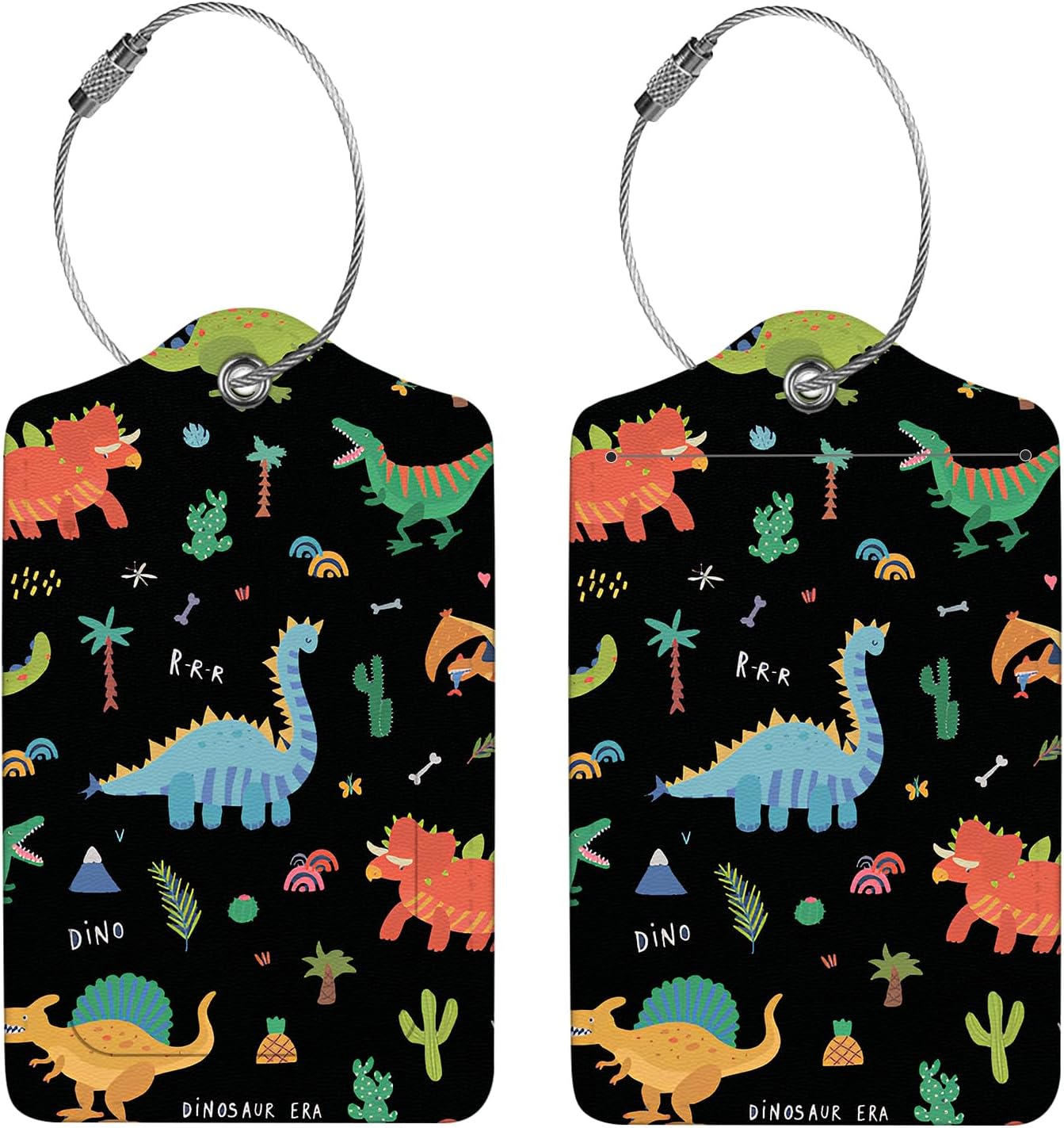 2 Pcs Luggage Tags for Suitcase, Cute Unique PU Leather Travel Bag Tag with Privacy Cover ID Label Address Card and Durable Metal Ring Suitable for Men Women Children Backpack,Dinosaurs