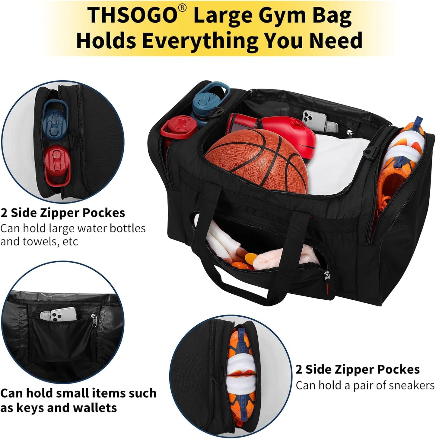 22 inch Gym Bag for Men - 55L Large Travel Duffle Bag Sports Equipment Bag with Multiple Zippered Pockets,Outdoor Workout Duffle Bag for Overnight Weekend - Black