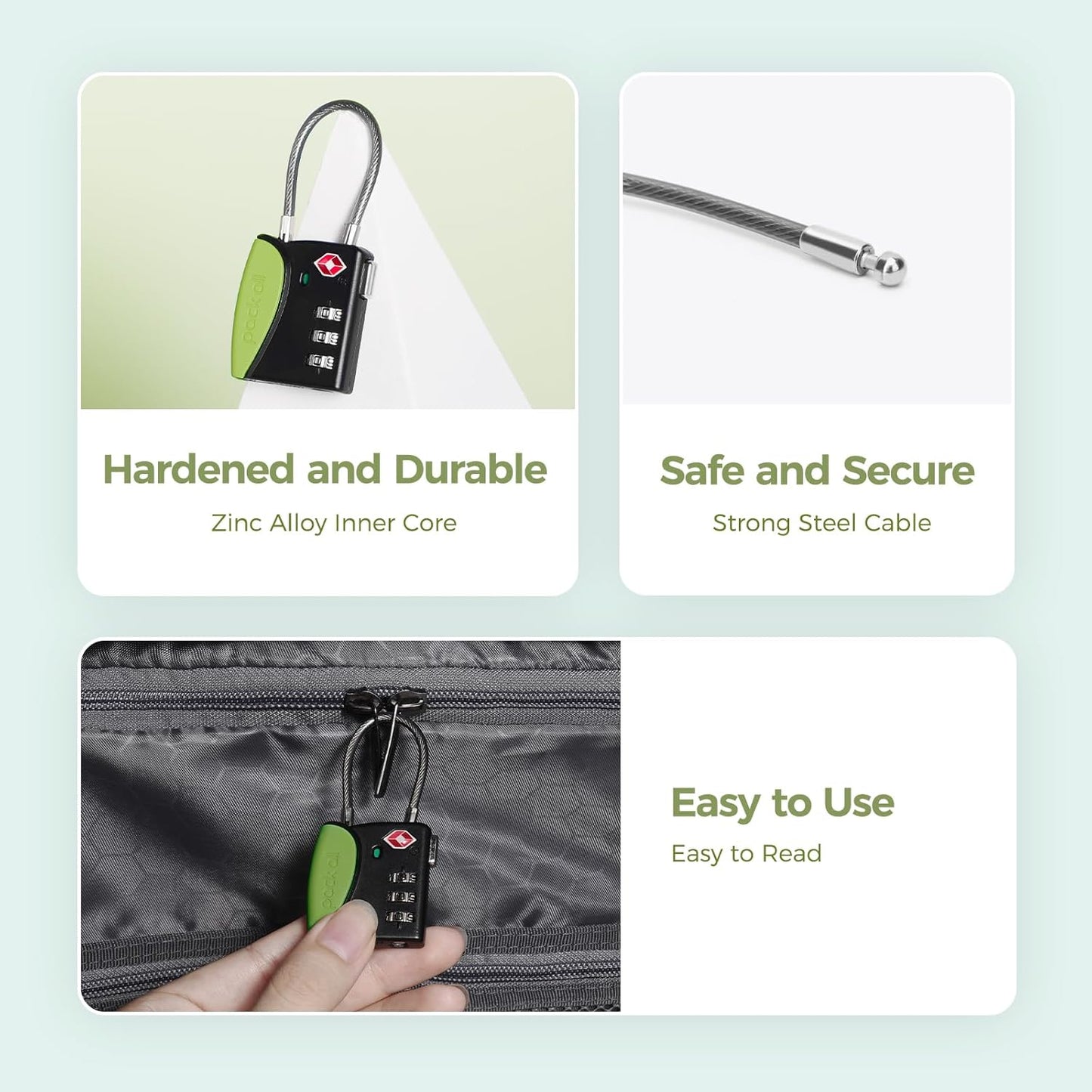 pack all TSA Approved Cable Luggage Locks, 3 Digit Combination Padlocks, Travel Lock for Suitcases