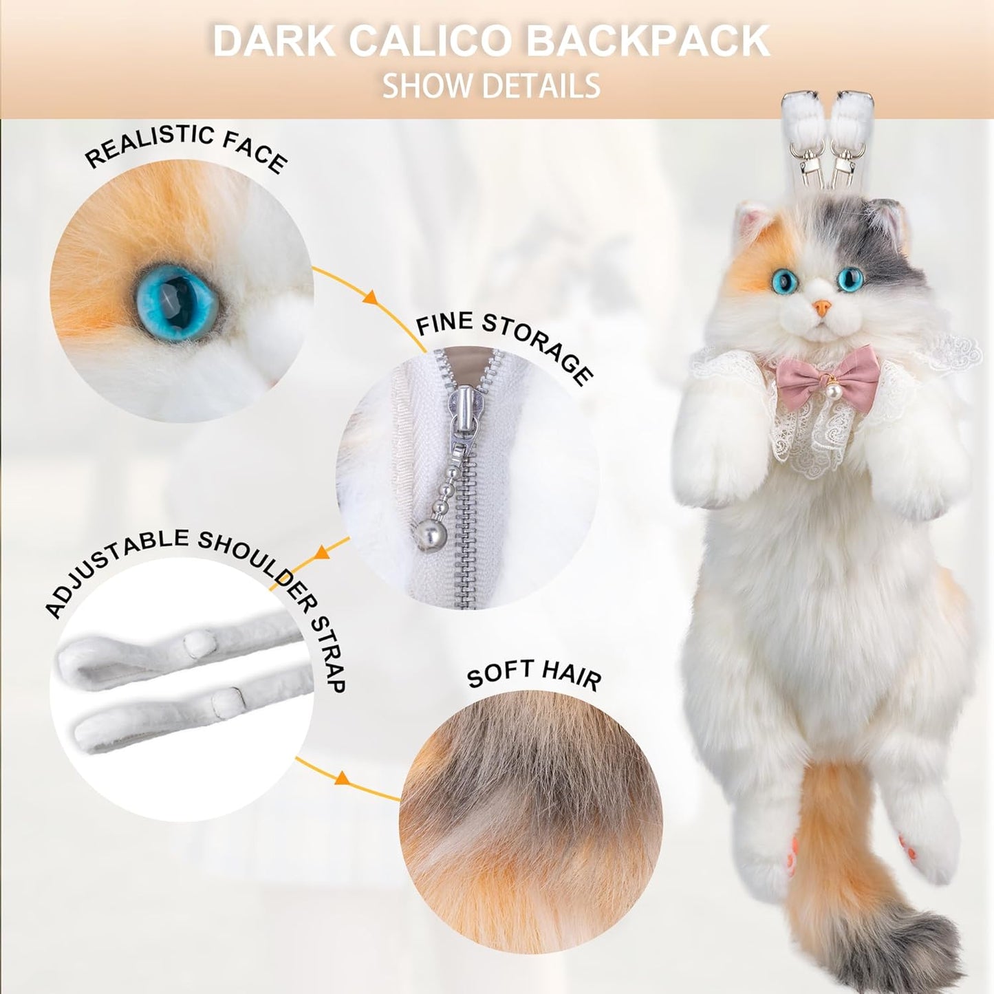 Chongker Stuffed Realistic Cat Plush Backpack - Cute and Soft Stuffed Animal Backpack with Adjustable Straps,Light tan