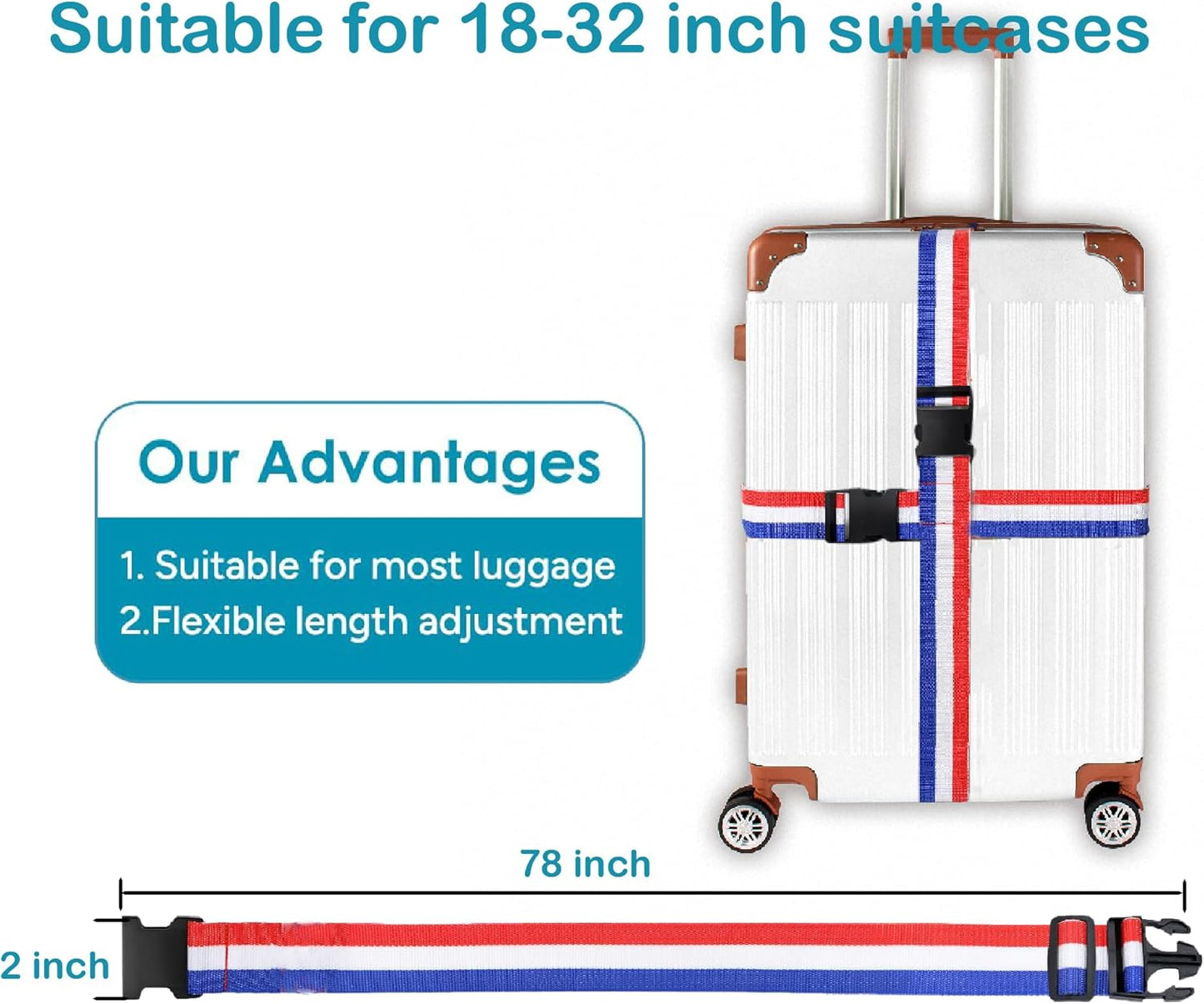 Nylon Luggage Straps Suitcase Belt Travel Accessories with Adjustable Buckle,Heavy Duty Strap Bright Colors for Easy Identification, 2 Packs Blue-White-Red 2M