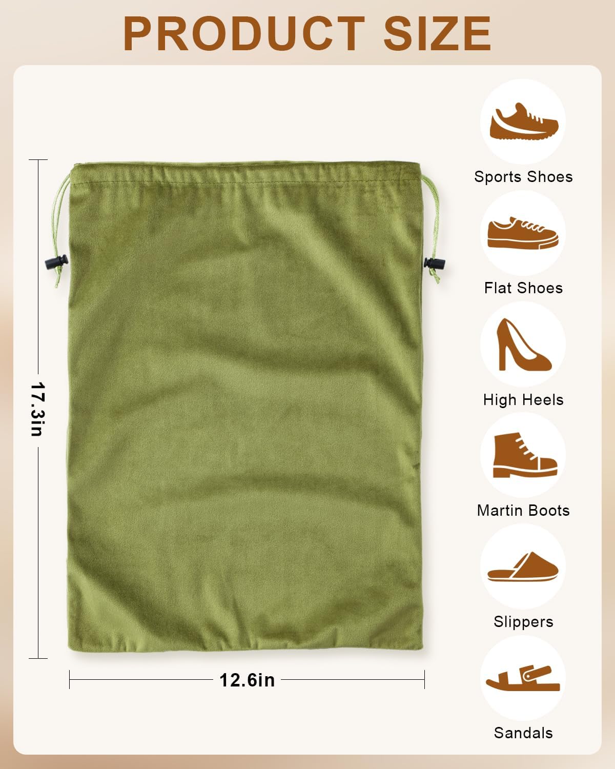 FantasyLife Shoe Bags for Travel, 4 PCS Washable Dust Bags for Storage & Packing, Flannel Shoe Pouch with Drawstring Closure for Purses, Handbags, Shoes & Toys (Sage Green)