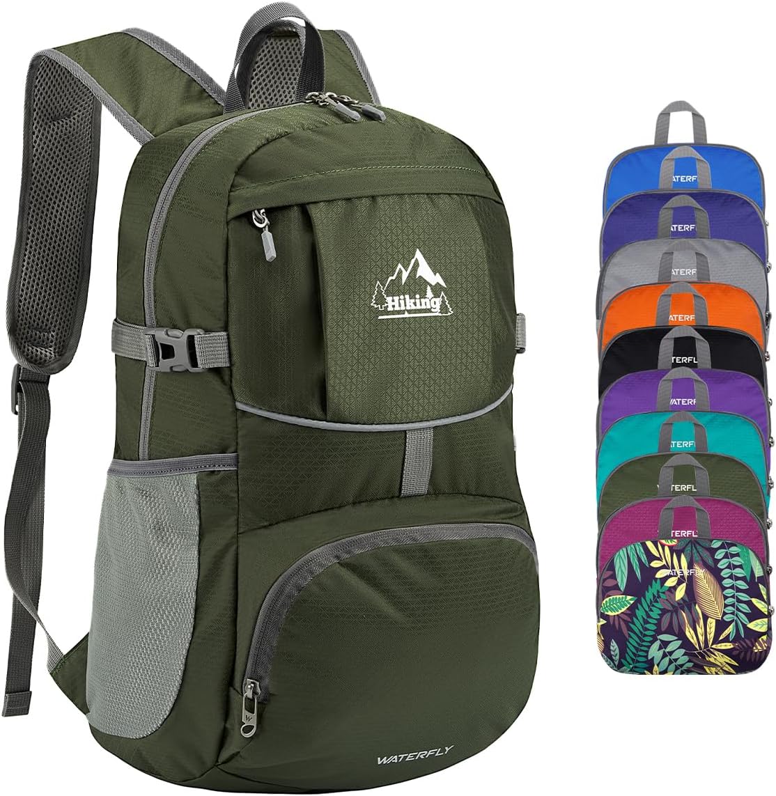 WATERFLY Hiking Packable Daypack Backpack: 25L Ultra Lightweight Day Pack for Woman Man - Small Compact Folding Back Pack for Outdoor Sport Cycling Camping Travel Trip - Green