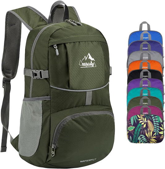 WATERFLY Hiking Packable Daypack Backpack: 25L Ultra Lightweight Day Pack for Woman Man - Small Compact Folding Back Pack for Outdoor Sport Cycling Camping Travel Trip - Green