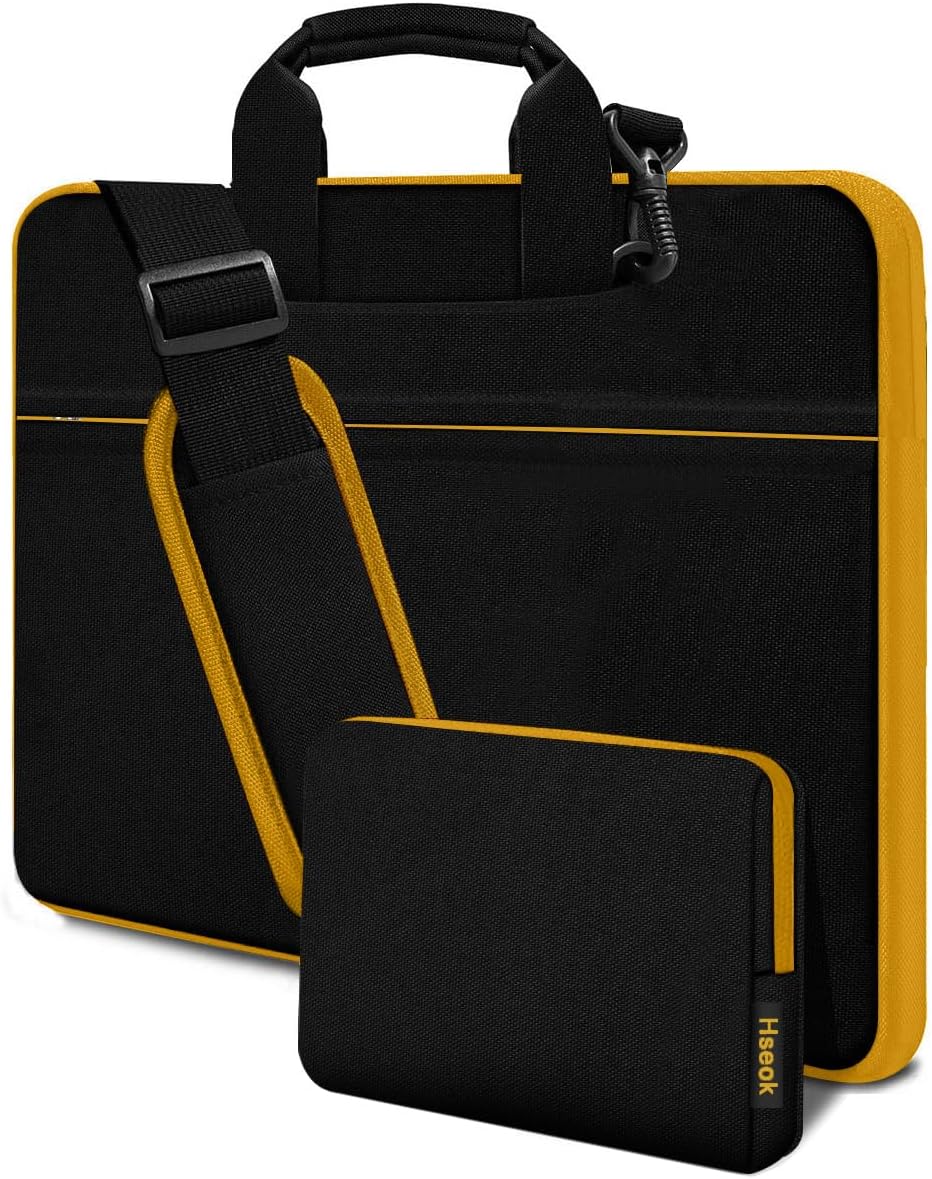 Hseok Laptop Shoulder Bag 15.6-16 inch Case, Durable Shockproof Protective Computer Carrying Briefcase with Multi-Pockets and Strap Compatible with Most 15 15.6 16 inch Notebooks,Black-yellow