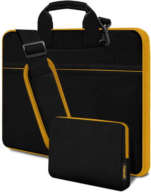 Hseok Laptop Shoulder Bag 15.6-16 inch Case, Durable Shockproof Protective Computer Carrying Briefcase with Multi-Pockets and Strap Compatible with Most 15 15.6 16 inch Notebooks,Black-yellow