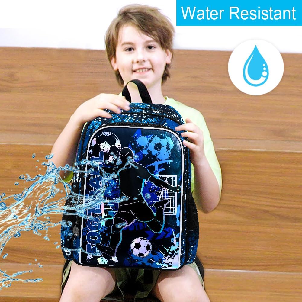 gxtvo 3PCS Boys Soccer Backpack, 17" Kids Football Bookbag with Lunch Box, Water Resistant Middle Elementary Preschool School Bag