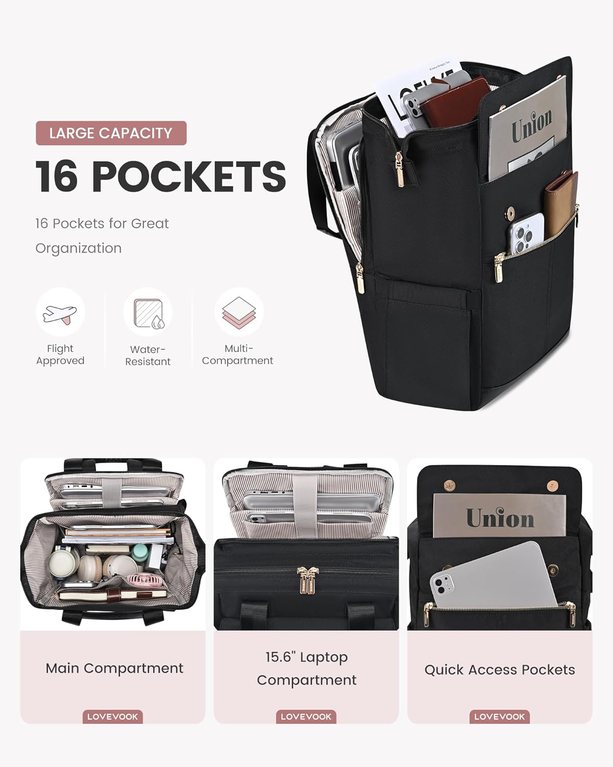LOVEVOOK Laptop Backpack for Women, 15.6 Inch Work Laptop Bag with USB Port, Fashion Teacher Nurse Backpack Purse, Waterproof Travel Computer Backpack with Organizer Bag, 2PCS