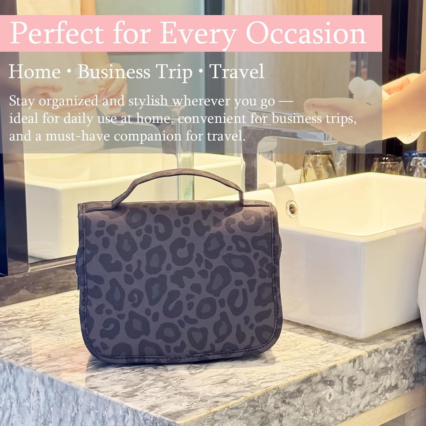 Crazy Bison Hanging Travel Toiletry Bag Kit Makeup Bag Cosmetics Organizer for Men Women (Black Leopard)