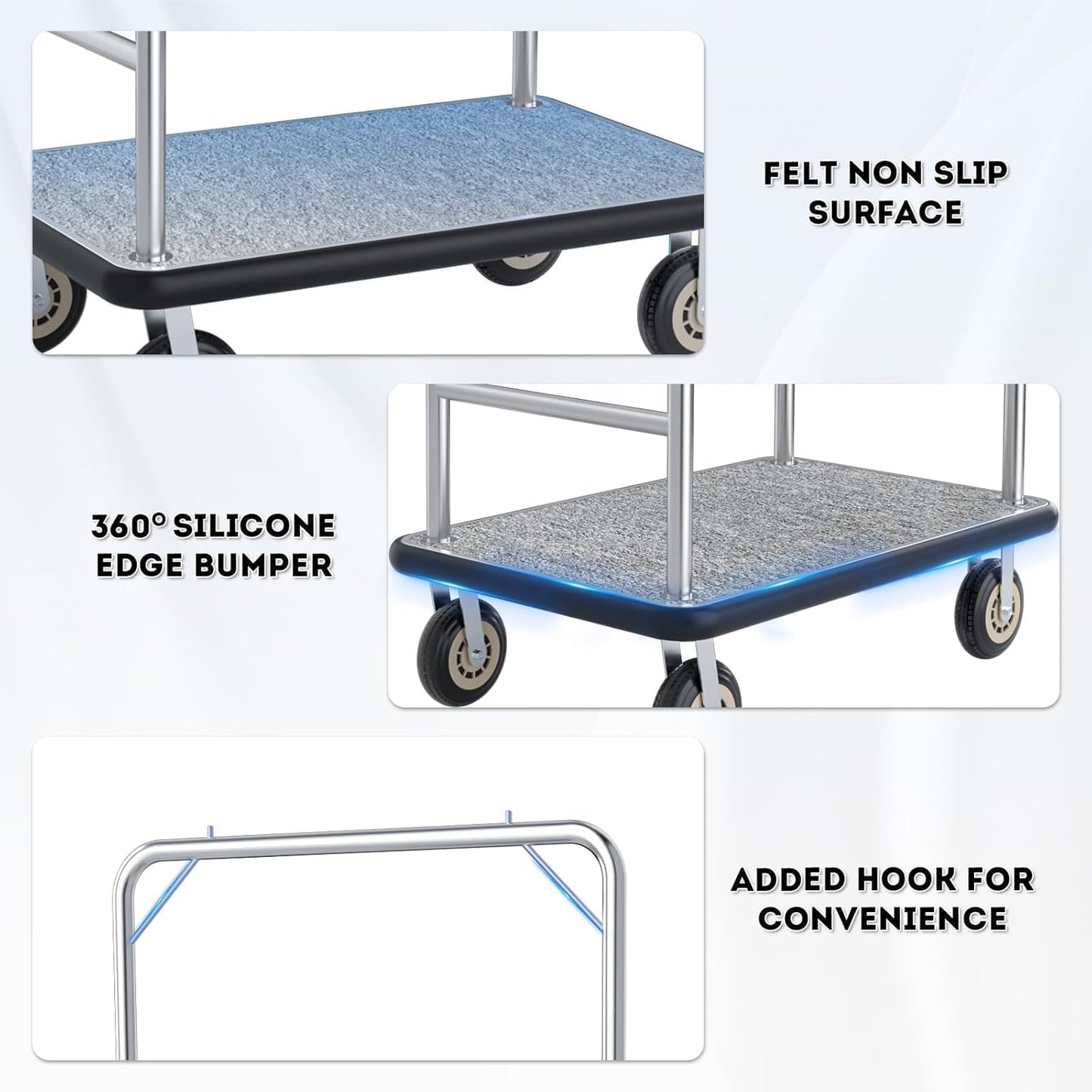 Heavy Duty Luggage Cart - 8" Wheels with Brackets, Commercial Grade Hotel Luggage Trolley, Deluxe Rectangular Steel Bellman Cart with Platform for Hotels Use, 1300lbs Capacity