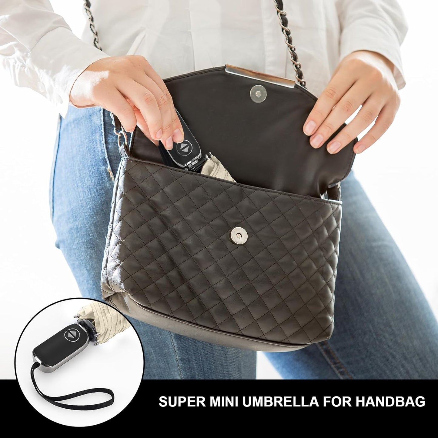 LEAGERA Compact Travel Umbrella for Purse - Flat Handle, Waterproof for Light Rain