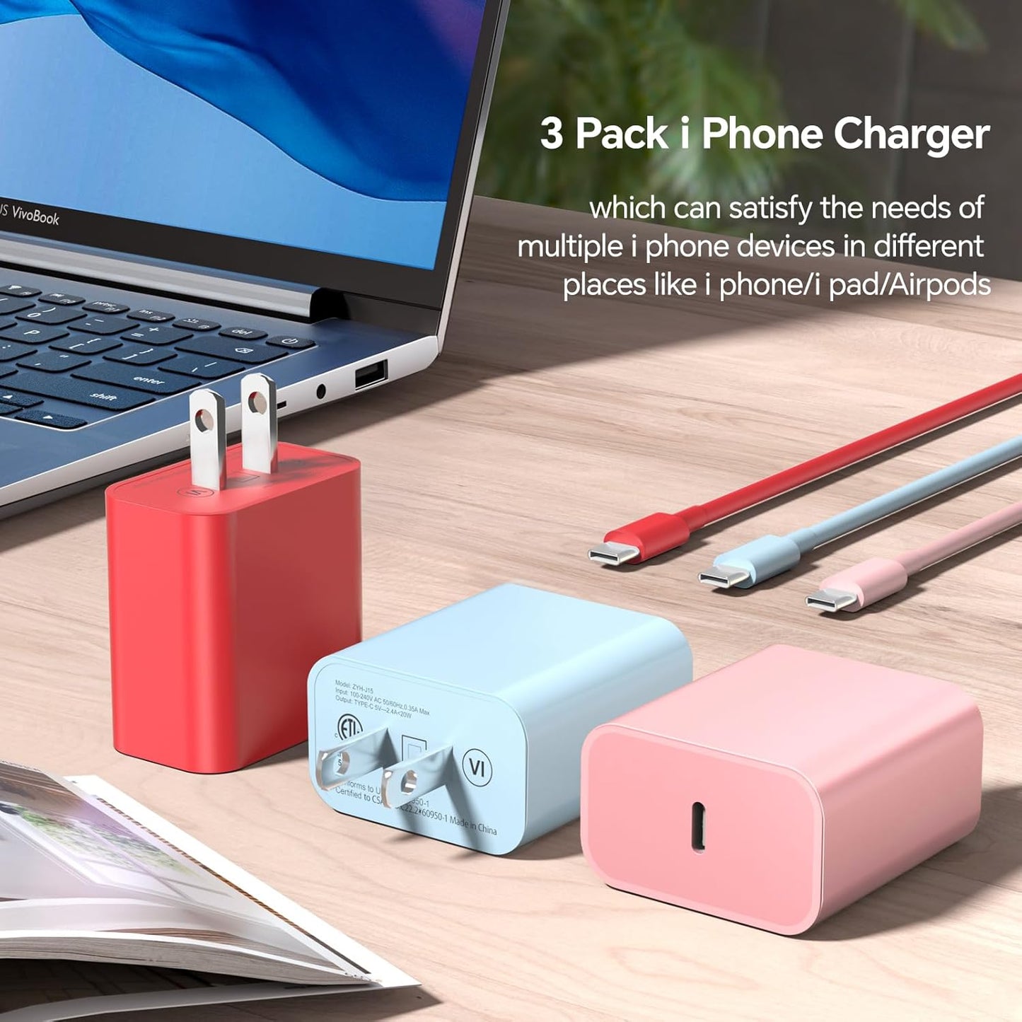 Compatible with iPhone16/15 Charger Fast Charging, 3 Pack 20W USB C Colorful Charger Block with 10 FT USB-C to C Cable for Phone16 15 Pro/Plus/Pro Max,Pad Pro 12.9/11 inch,Pad Air 5th-Blue/Pink/Red