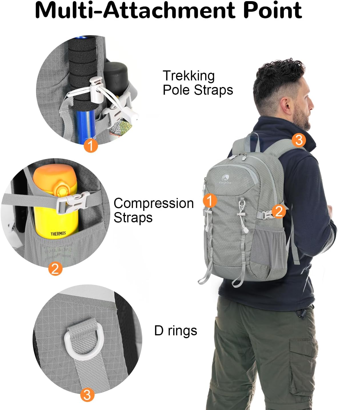20L Small Waterproof Hiking Backpack Men Women, Lightweight Small Travel Backpack for Outdoor, Gray