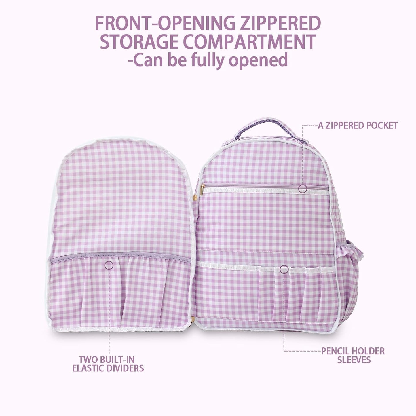 DYSHAYEN Kids Backpack for Girls, 15" Ruffled Backpack for School Kindergarten Bookbag 5-8, Fully Opened Compartment (Purple Gingham)