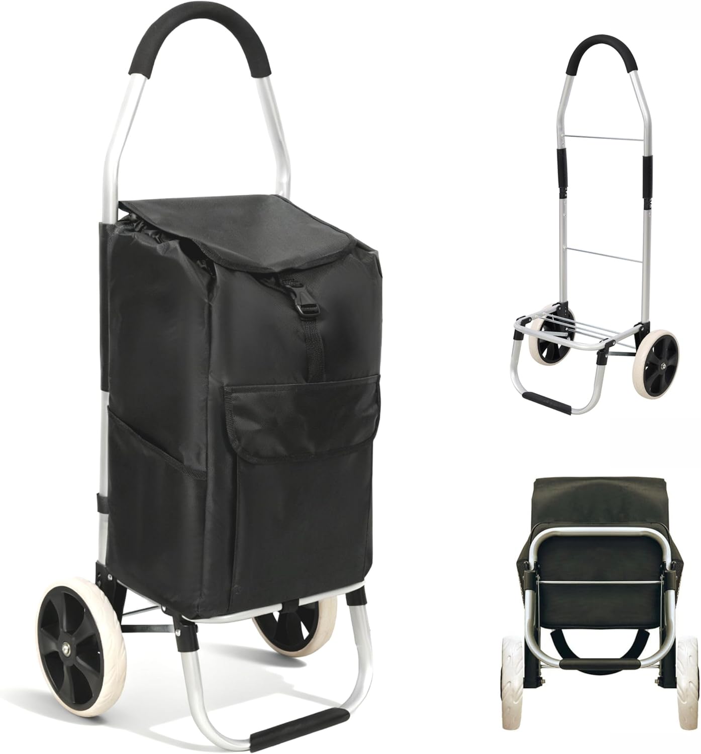 Heavy Duty Foldable Shopping Trolley with Wheels Oxford Waterproof Cart Removable Bag for Groceries Laundry Travel (Black-2 Wheels)