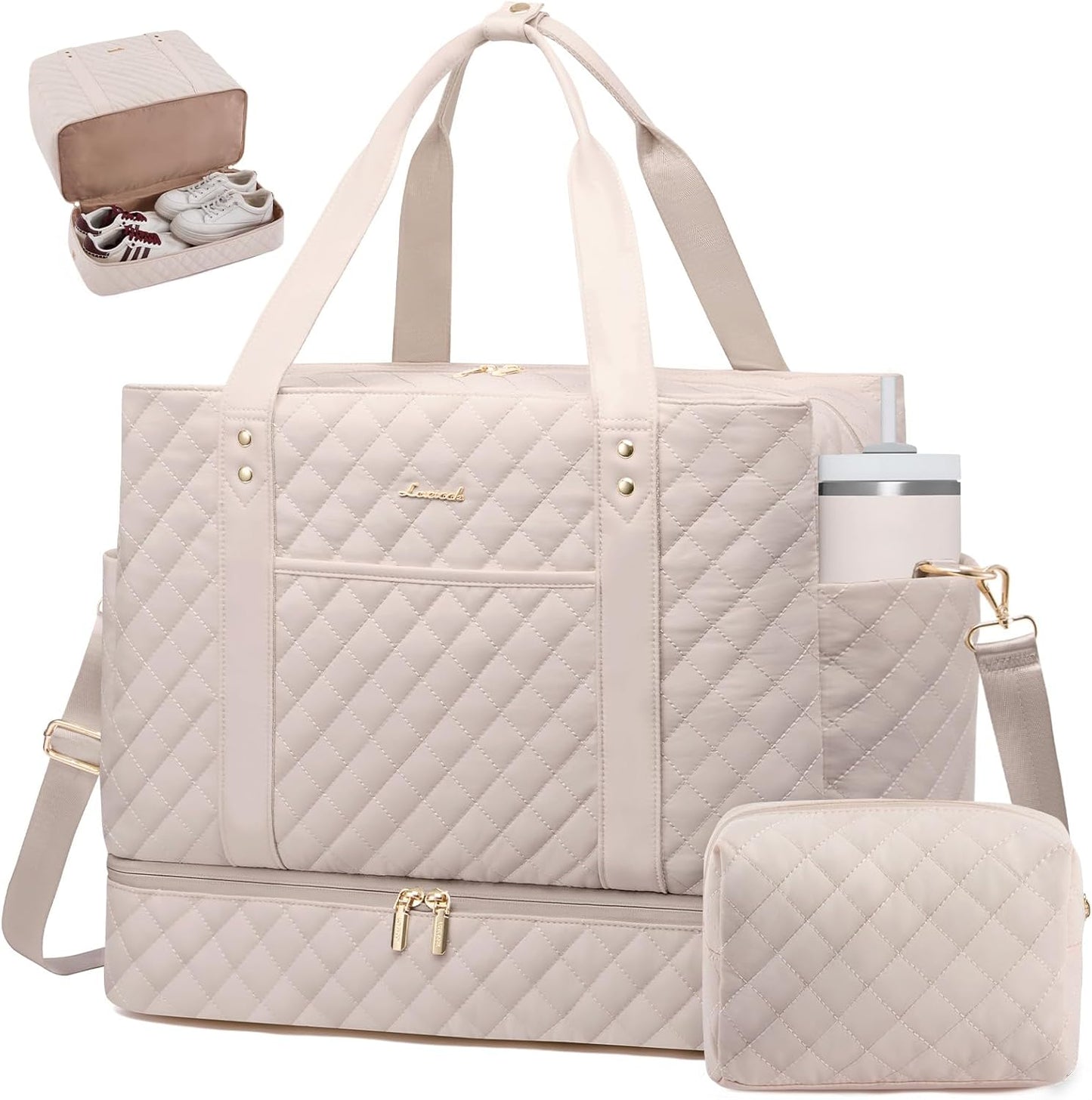 LOVEVOOK Large Travel Duffle Bag for Women, 45L Weekender Bags with Shoe Compartment & Wet Pocket, Quilted Carry On Personal Item Bag, Overnight Hospital Bags for Labor Delivery Nude