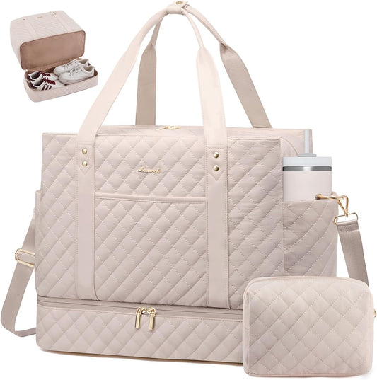 LOVEVOOK Large Travel Duffle Bag for Women, 45L Weekender Bags with Shoe Compartment & Wet Pocket, Quilted Carry On Personal Item Bag, Overnight Hospital Bags for Labor Delivery Nude