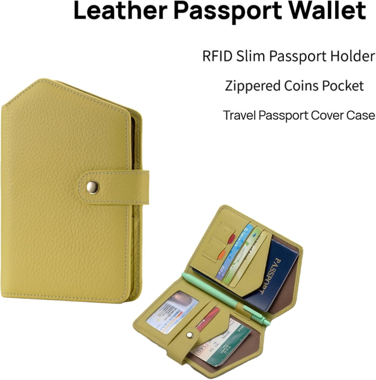 Cute RFID Passport Wallet for Women Leather Slim Passport Holder Travel Wallet Cover with Zipper Coin Purse, Credit Card, Sim and Tticket Slots (Yellow)