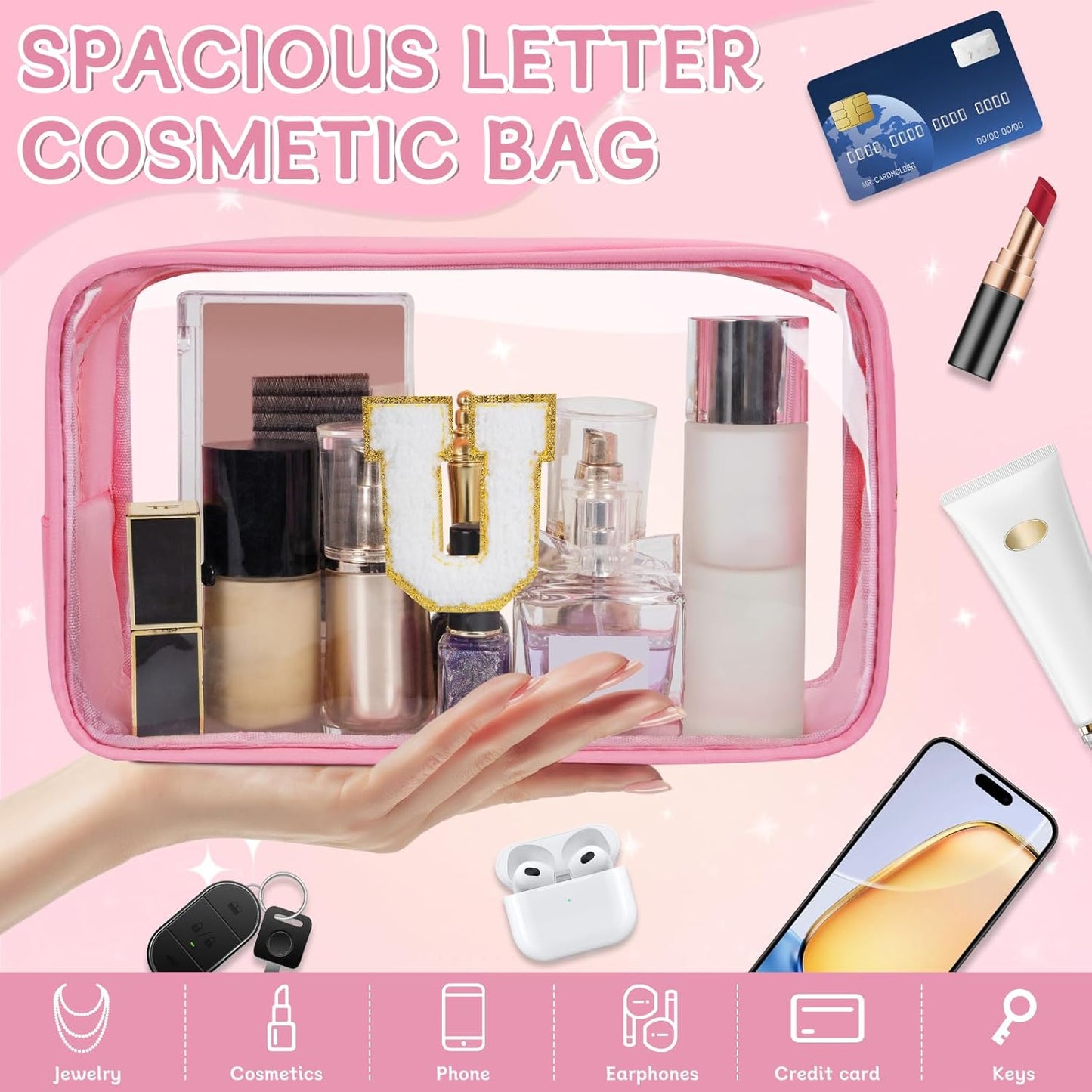 Personalized Initial Clear Makeup Bag, Travel Chenille Patch Cosmetic Bag, Preppy Toiletry Bag Monogram Cosmetic Pouch with Zipper, Ideal Gift for Teen Girls Women (Clear-Pink, U)