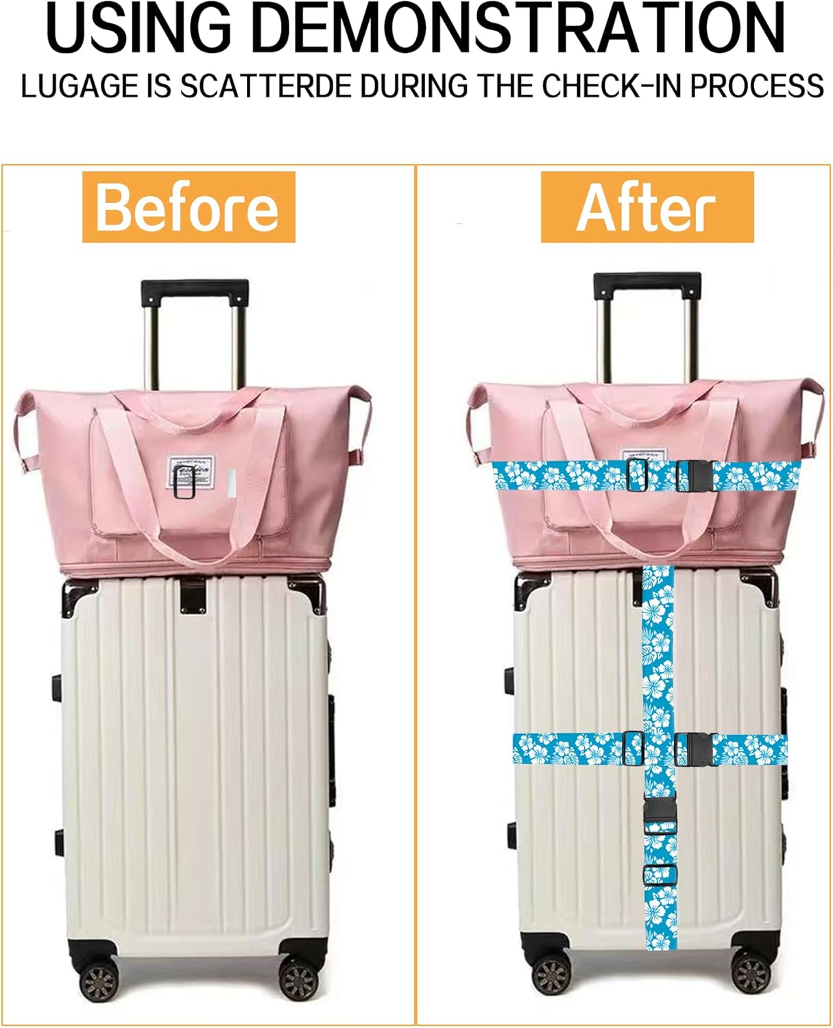 Luggage Straps for Suitcases, Adjustable Travel Belt, Durable Wide Luggage Strap, Cute Suitcase Strap Identifiers with Buckle, Bag Straps for Luggage, Blue White Flowers