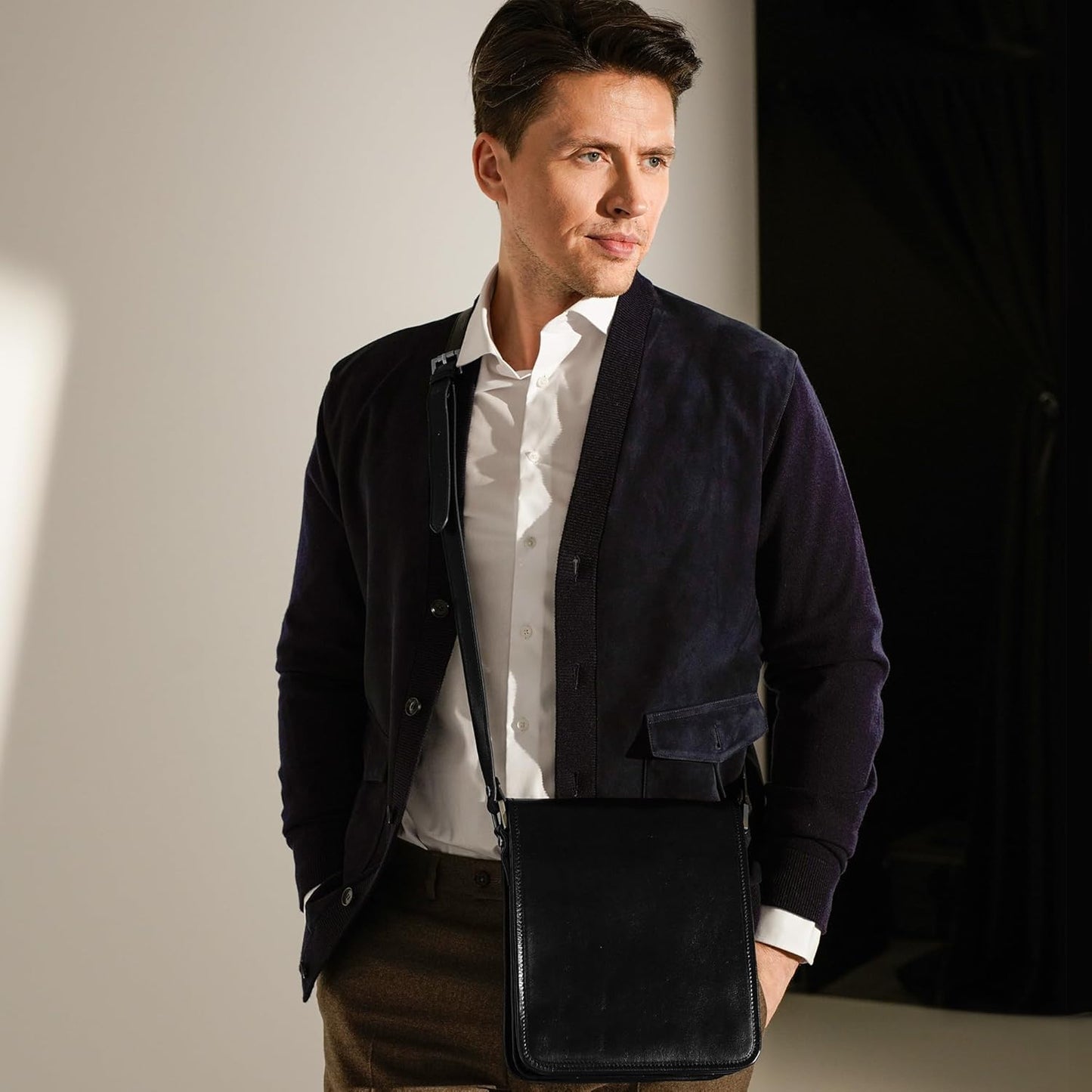 Time Resistance Italian Leather Messenger Bag for Men - Full Grain Leather Men's Crossbody Bag - Tablet Sized Shoulder Bag