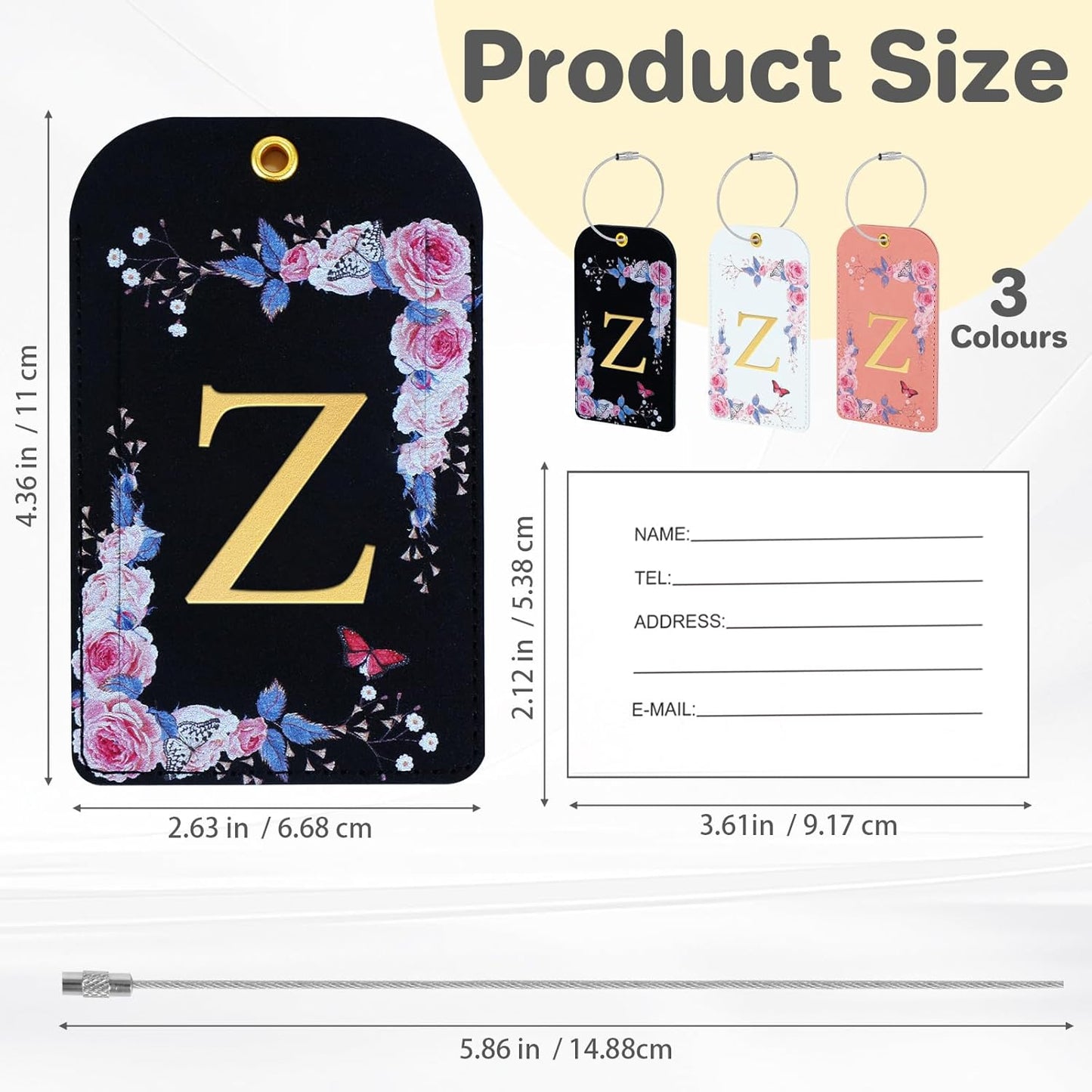 3 Pack Luxury Floral Luggage Tags, Durable PU Leather Suitcase Tags with Stainless Steel Cable