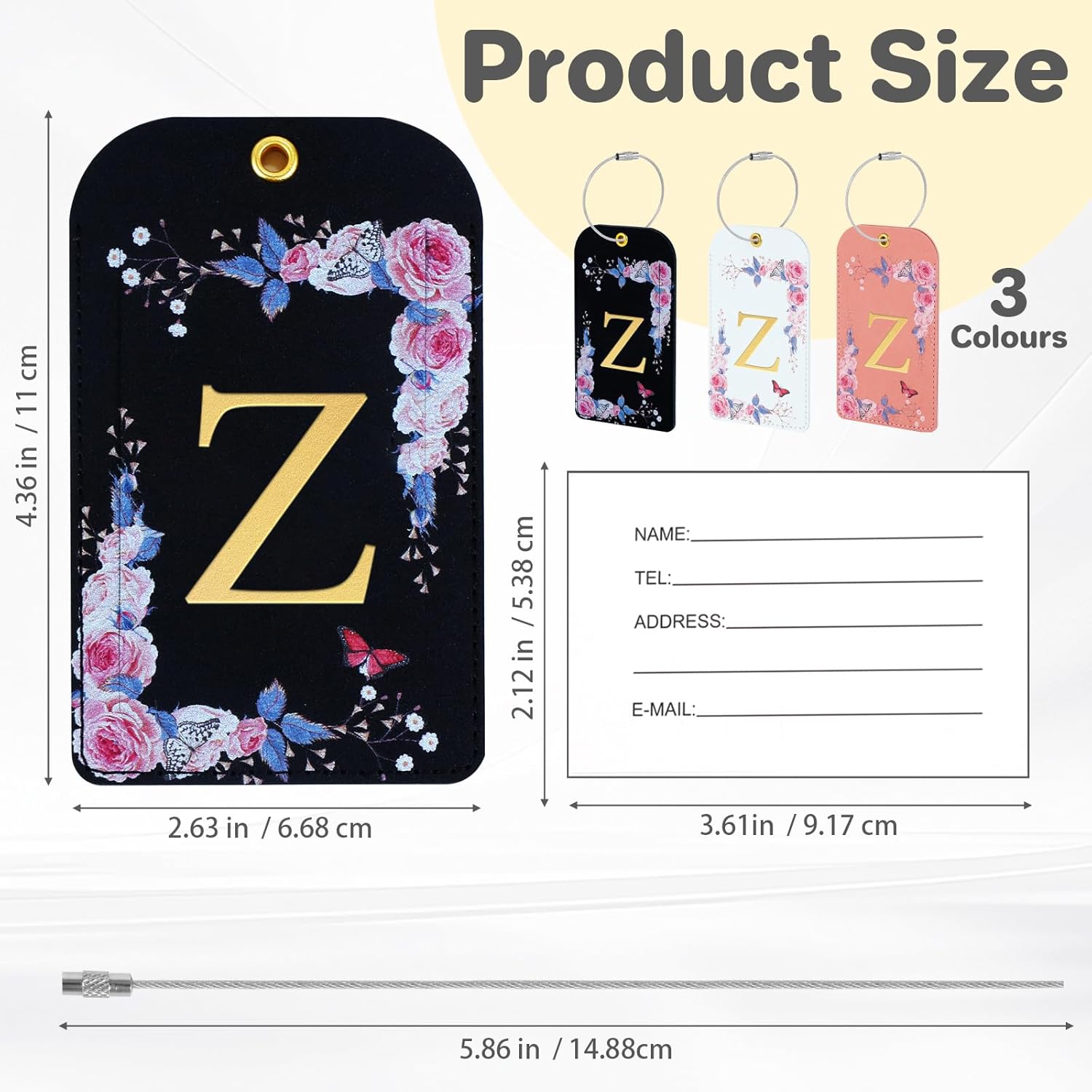 3 Pack Luxury Floral Luggage Tags, Durable PU Leather Suitcase Tags with Stainless Steel Cable