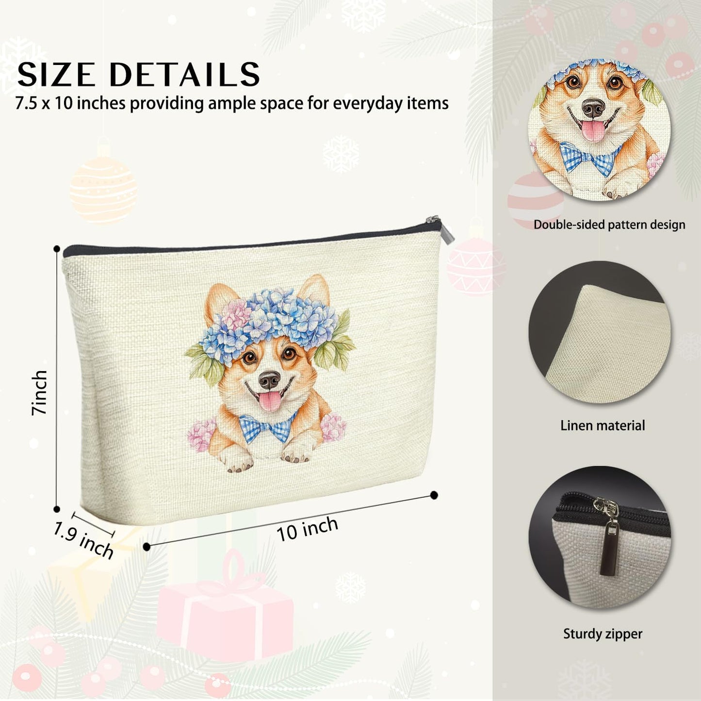 Blue Hydrangea Corgi Makeup Bag Gifts for Women, Corgi Lovers Gifts Cosmetic Bag, Cottagecore Chinoiserie Floral Corgy Dog Zipper Makeup Pouch Travel Toiletry Bags