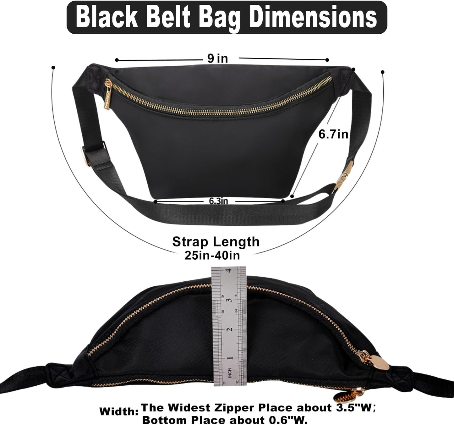 Fanny Pack Crossbody for Women Nylon Travel Waist Belt Bag (Black)