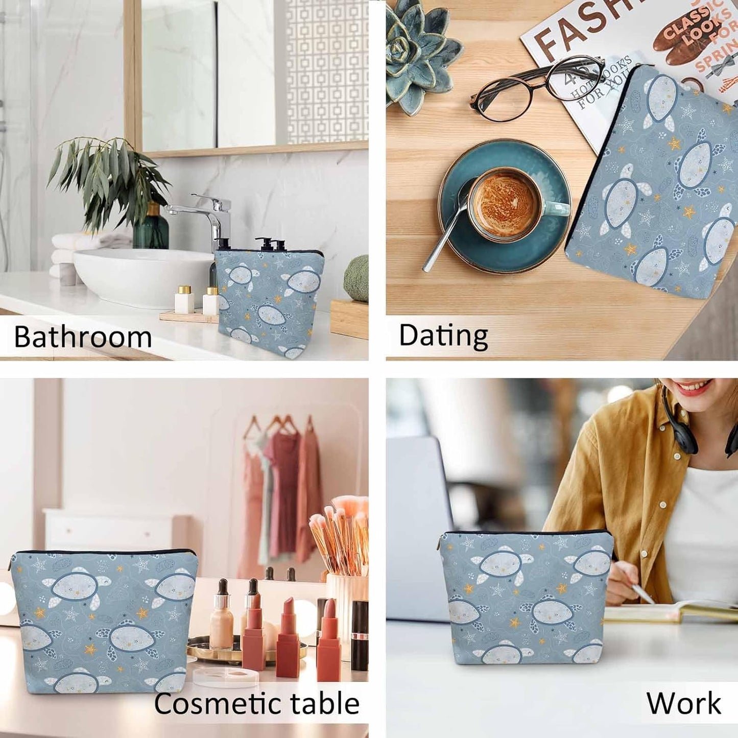 Sea Turtles Makeup Bags Makeup Organizer, Tropical Ocean Sea Turtle Starfish Blue Flax Toiletry