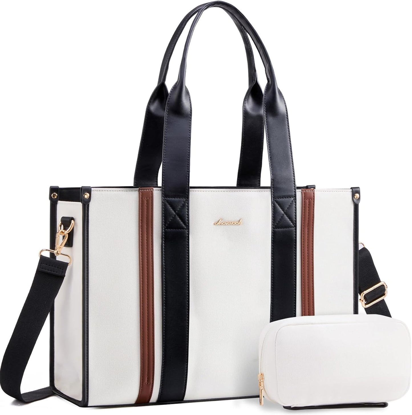 LOVEVOOK laptop bag for women 17 inch large canvas work tote bags with Clutch Purse water resistant computer bags for laptops for women Business Office Travel college Casual, Black White Brown
