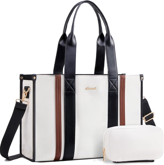 LOVEVOOK laptop bag for women 17 inch large canvas work tote bags with Clutch Purse water resistant computer bags for laptops for women Business Office Travel college Casual, Black White Brown