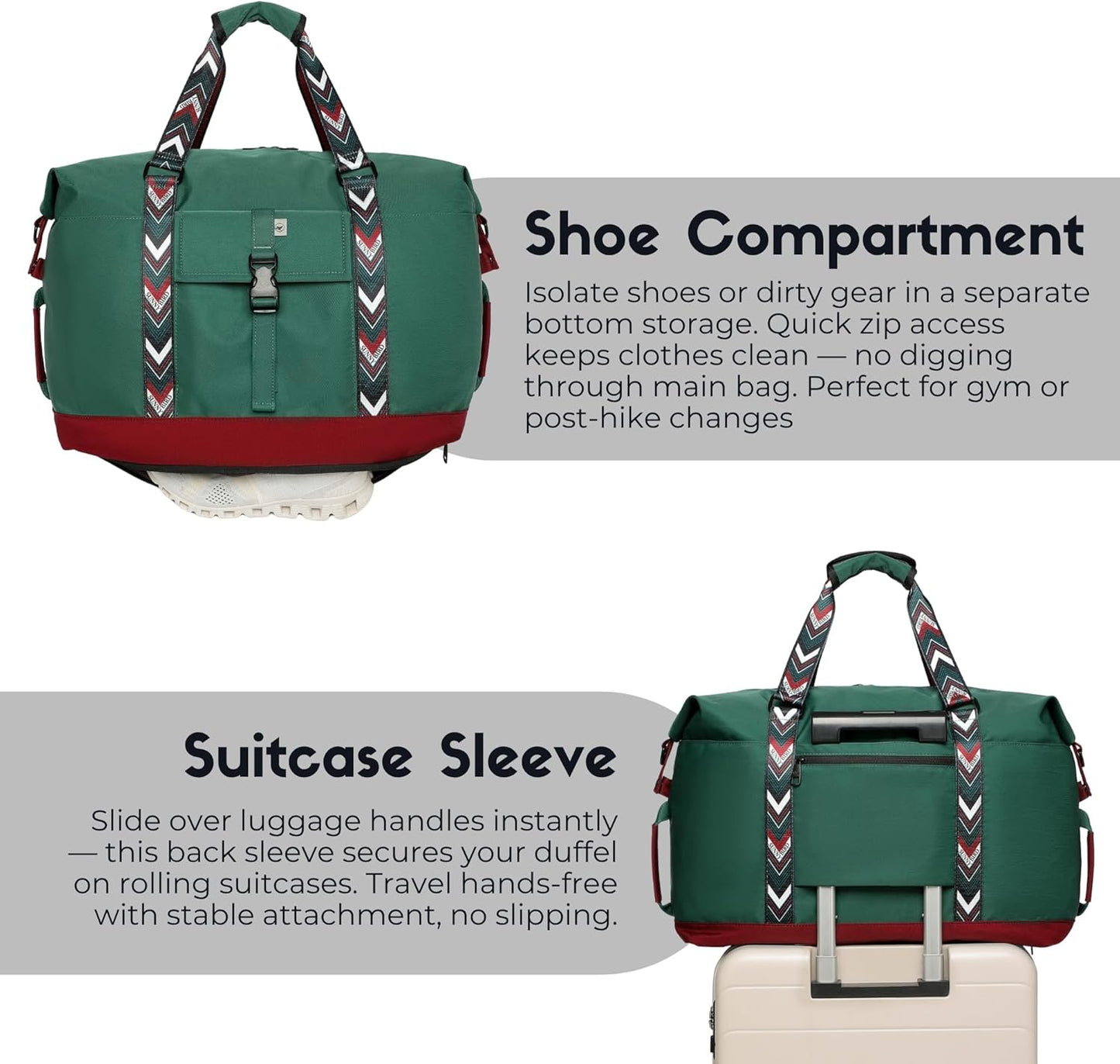 SUNNY BIRD Duffel with Utility Pouch, 40L Weekender Overnight Bag with Shoe Compartment for Travel and Sports (Greenboho)